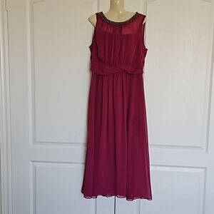 Yessica Women's Beaded Neckline Chiffon, Twisted Belt  Maxi Dress 12 Burgundy